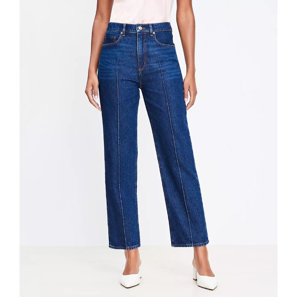 NWT LOFT Pintucked High Rise Straight Jeans in Refined Dark Indigo Wash 26